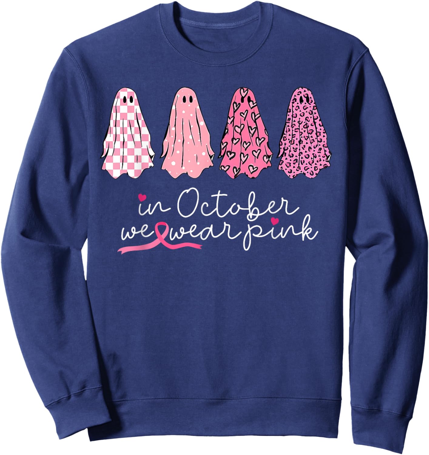 in October We Wear Pink Ghosts Halloween Breast Cancer Sweatshirt - Sweatshirt | Navy