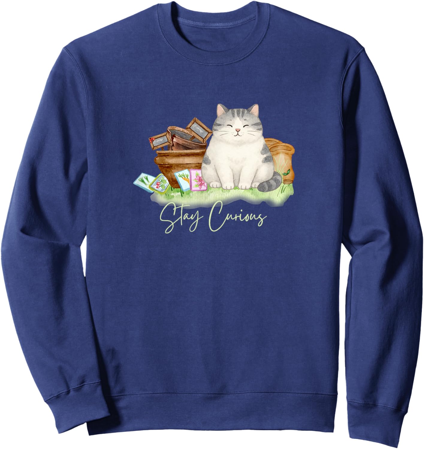 Stay Curious Cat – Whimsical Garden Art Sweatshirt - Sweatshirt | Navy