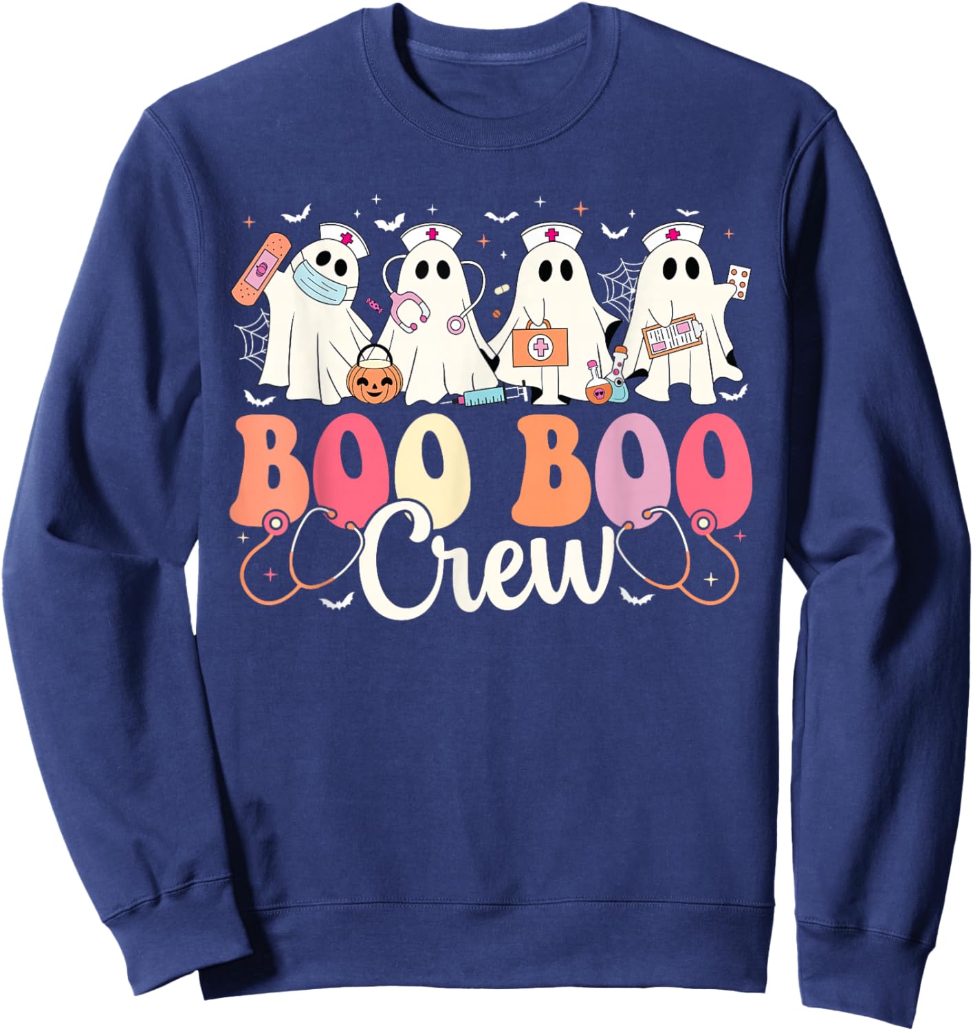 Boo Boo Crew Nurse Ghost Scrub Top Women Halloween Nursing Sweatshirt - Sweatshirt | Navy