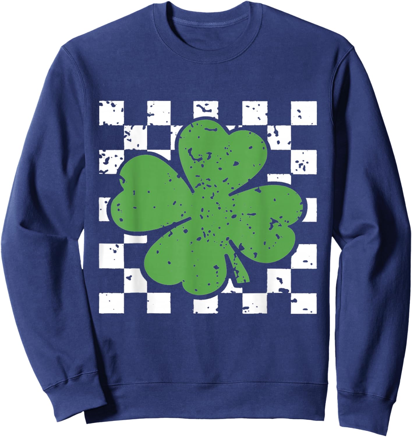 Vintage Four Leaf Clover Checkered Pattern Green Sweatshirt - Sweatshirt | Navy