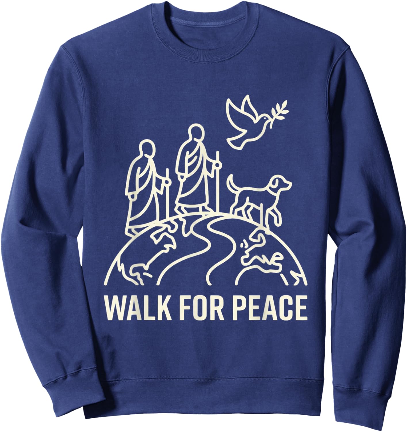 Walk for Peace Aloka Monks with Dog and Dove Line Art Sweatshirt - Sweatshirt | Navy