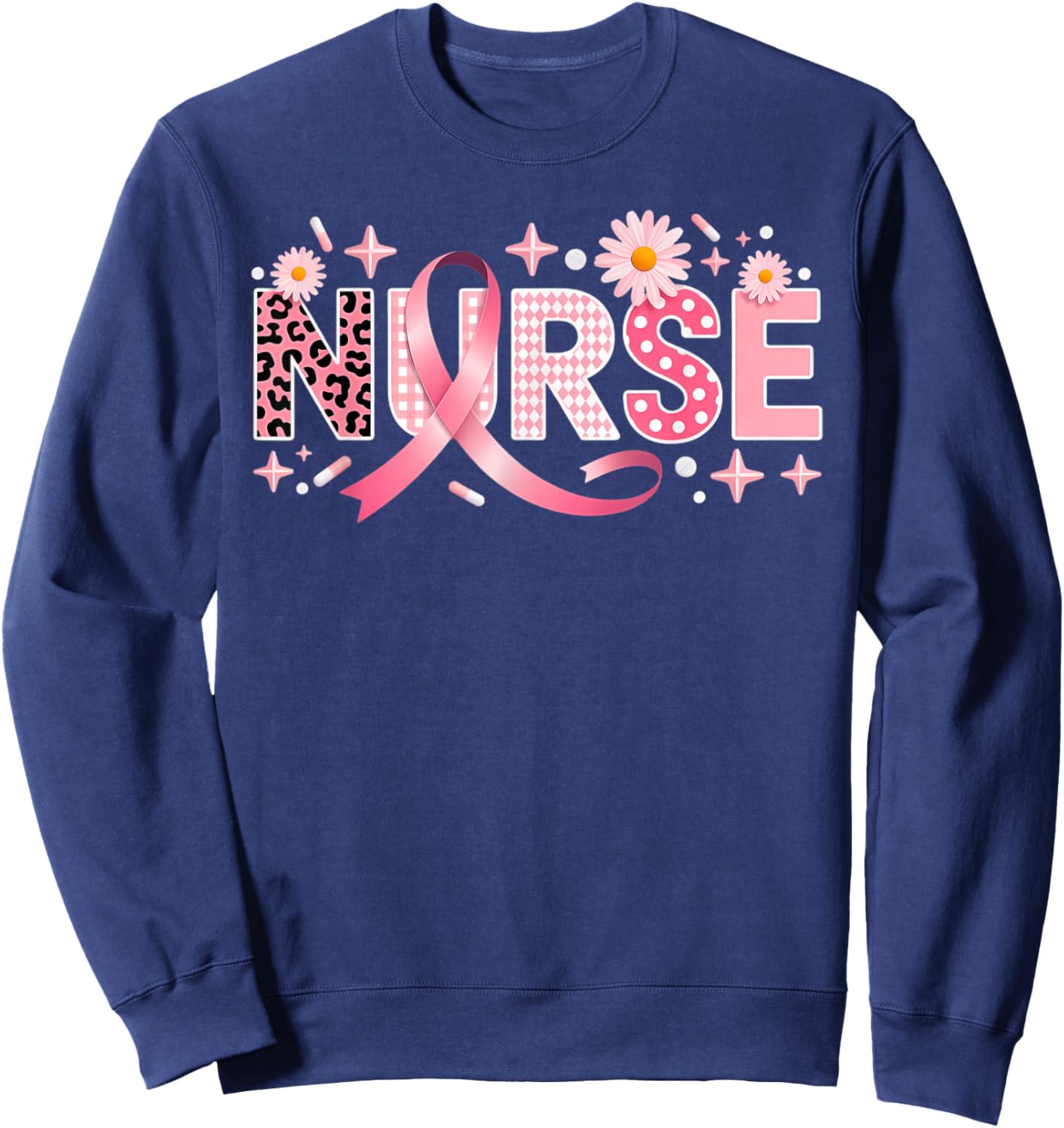 Pink Ribbon Stethoscope Nurse Life Breast Cancer Awareness Sweatshirt - Sweatshirt | Navy