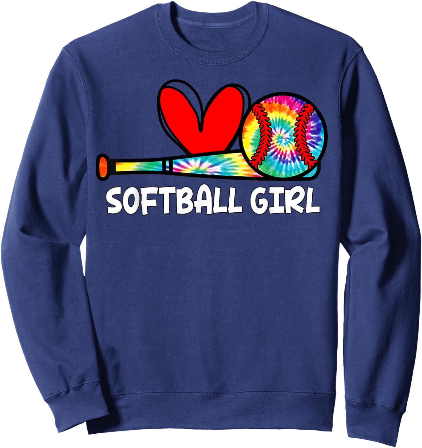Softball Girl Tie Dye Heart Ball Cute Girls Softball Sweatshirt - Sweatshirt | Navy