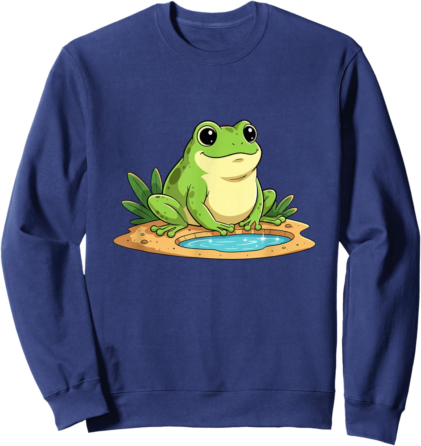Kawaii Green Frog Sitting by Small Pond Cute Sweatshirt - Sweatshirt | Navy
