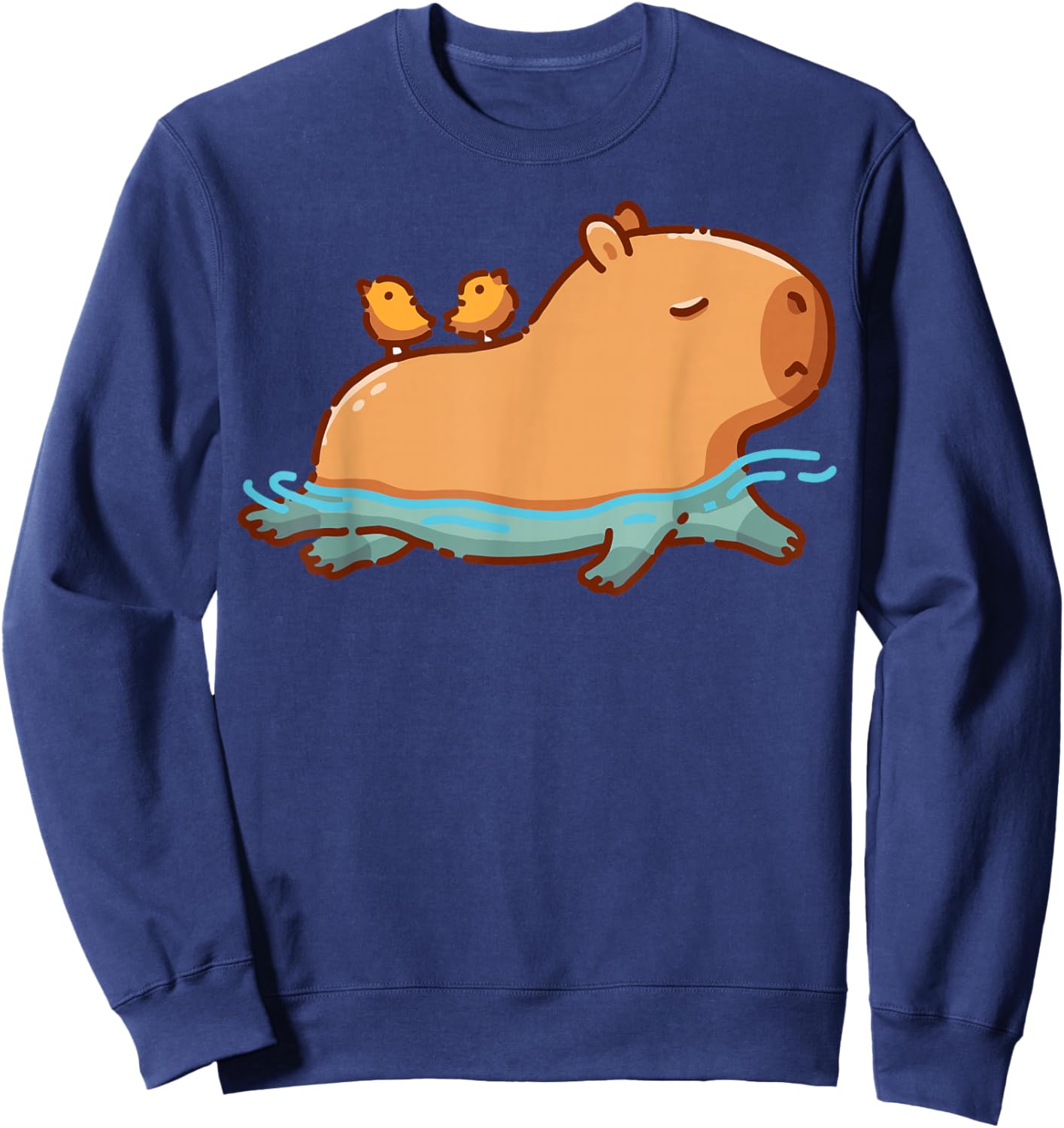 Cute Swimming Capybara with Birds Funny Animal Cartoon Sweatshirt - Sweatshirt | Navy
