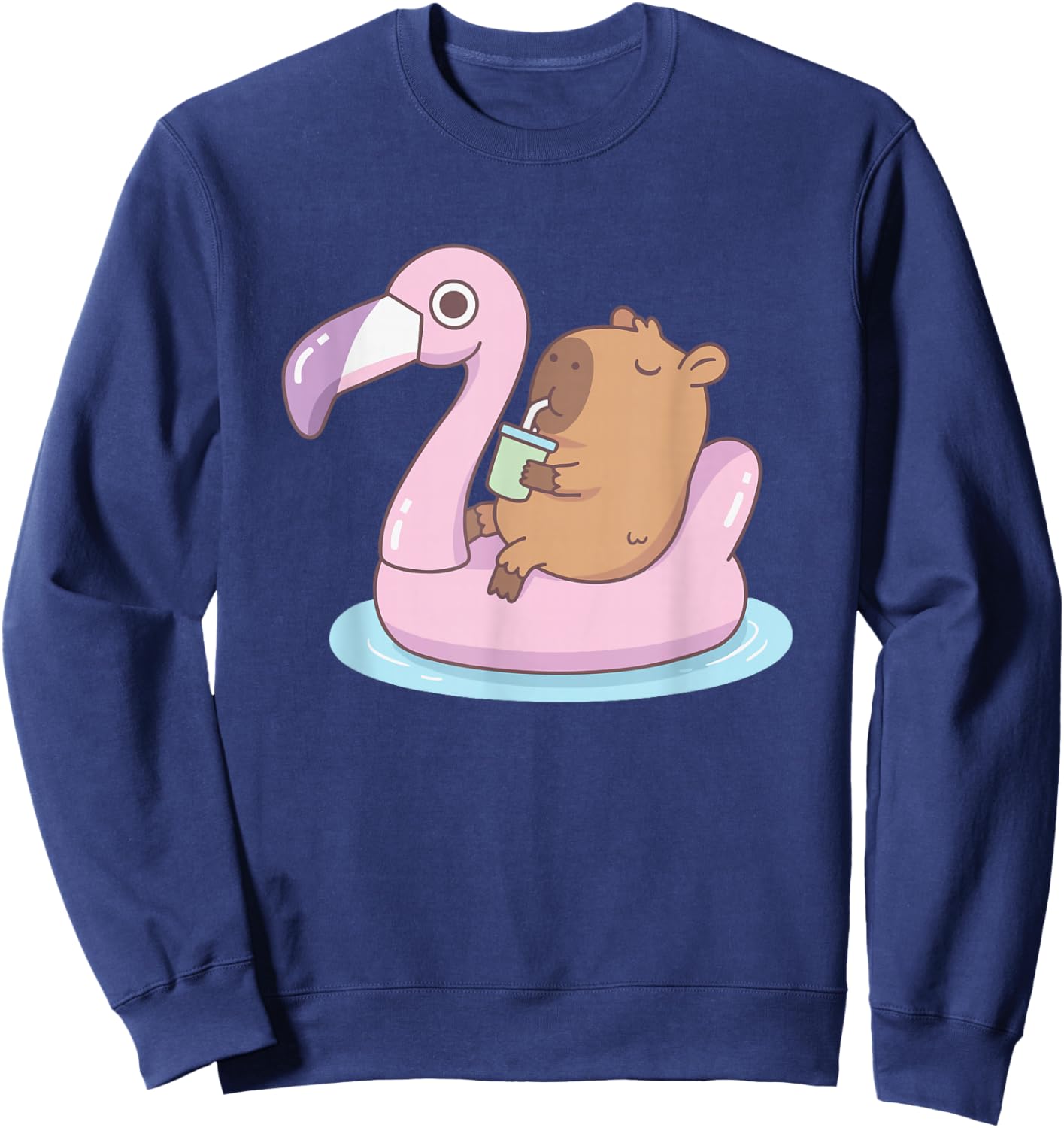 Cute Capybara Floating Flamingo Pool Summer Cartoon Sweatshirt - Sweatshirt | Navy