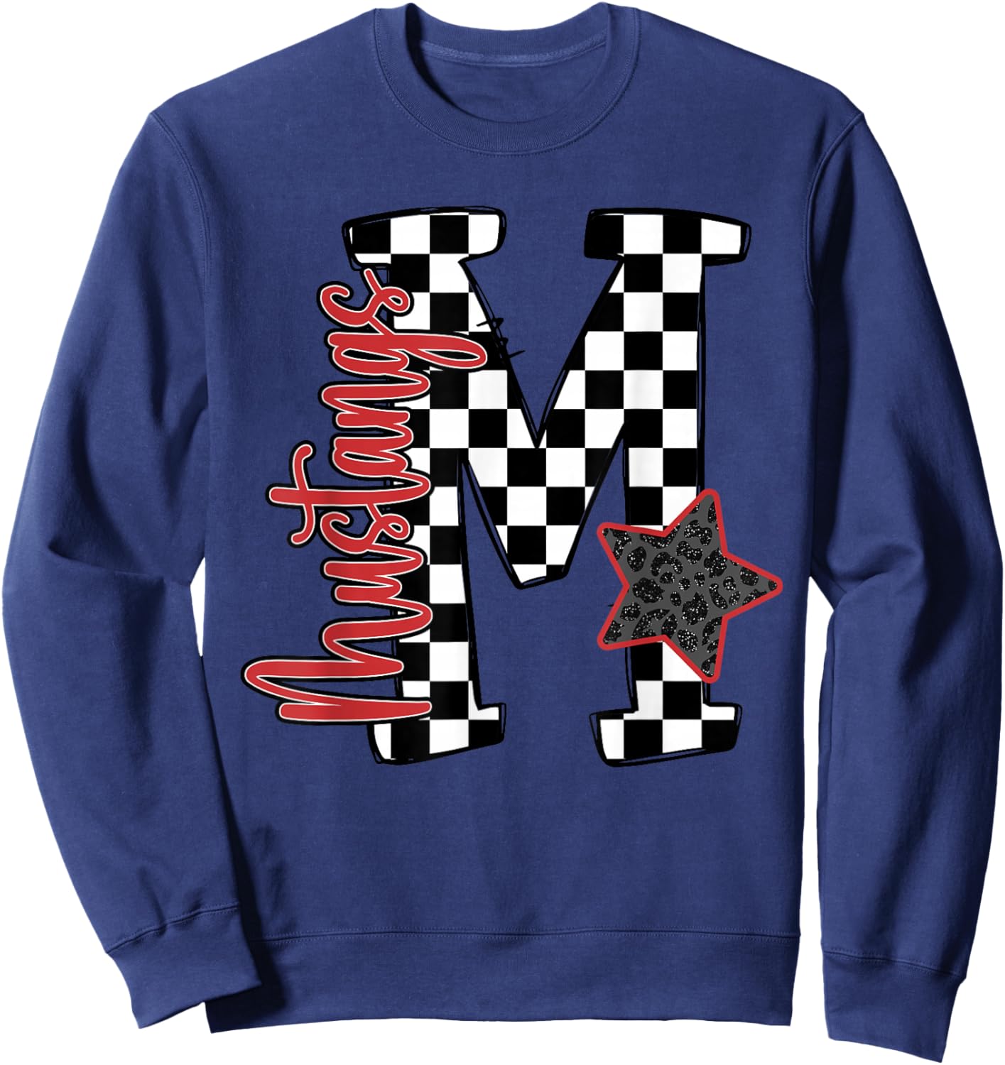 Red Mustangs Checkered Print Star School Spirit Mascot Sweatshirt - Sweatshirt | Navy