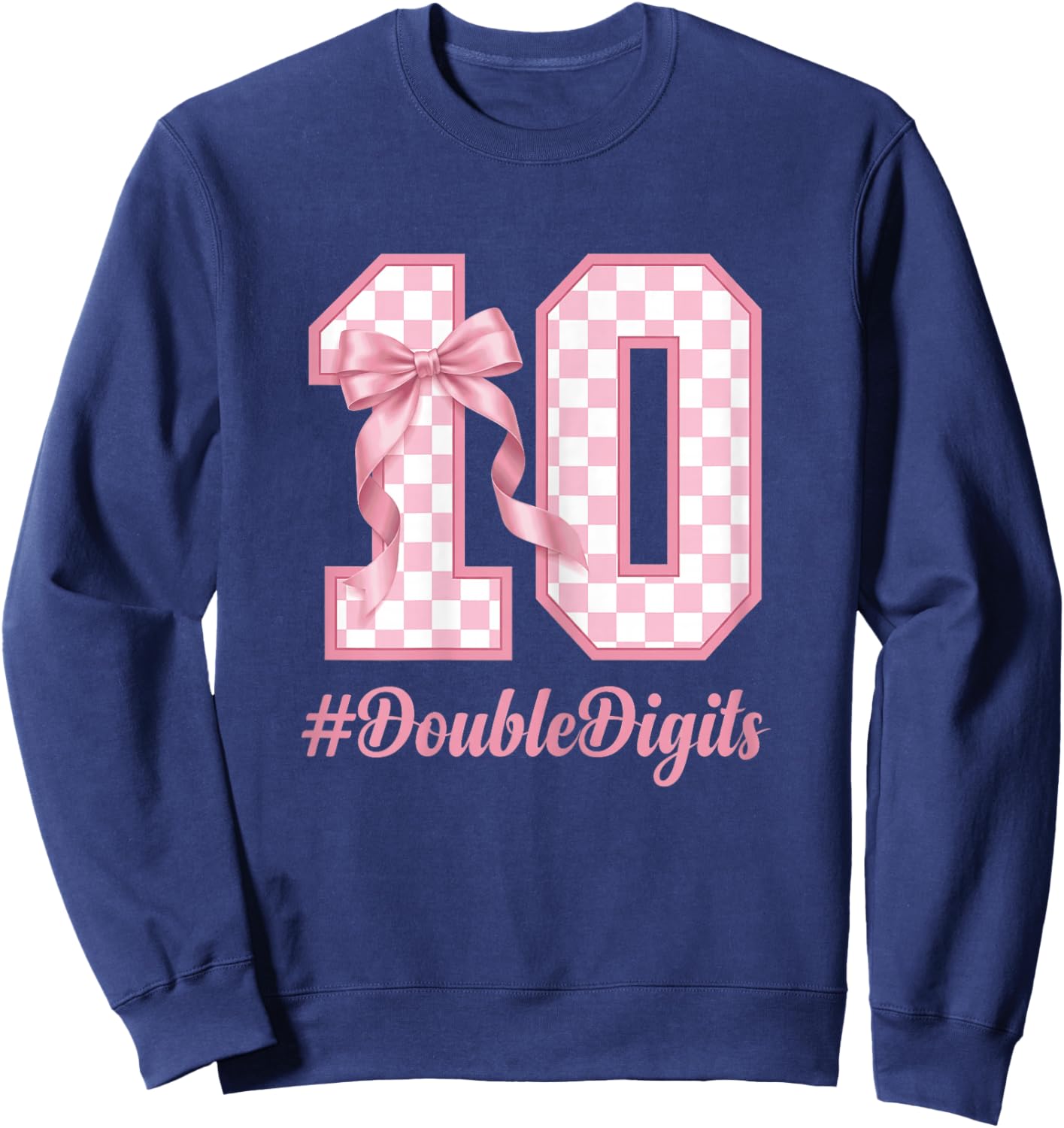Cute Bow Pink Checkered 10th Birthday Coquette Girl Sweatshirt - Sweatshirt | Navy