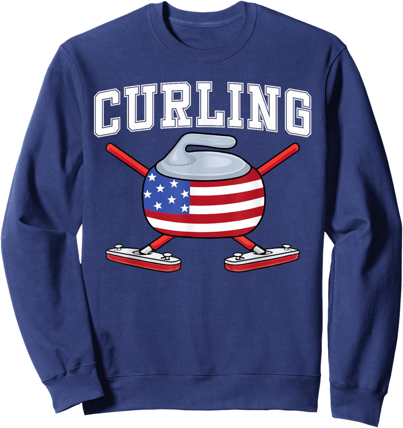 Winter Ice Sports US Curler Broom American Flag Curling Fan Sweatshirt - Sweatshirt | Navy