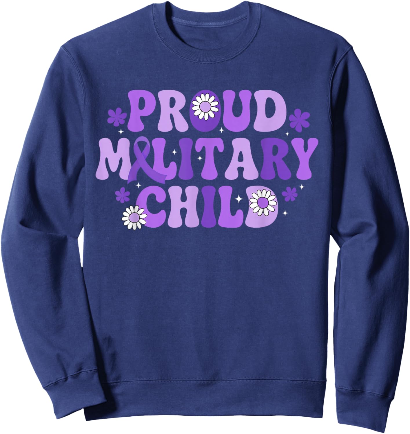 Proud Military Child Floral Military Kids Purple Ribbon Girl Sweatshirt - Sweatshirt | Navy