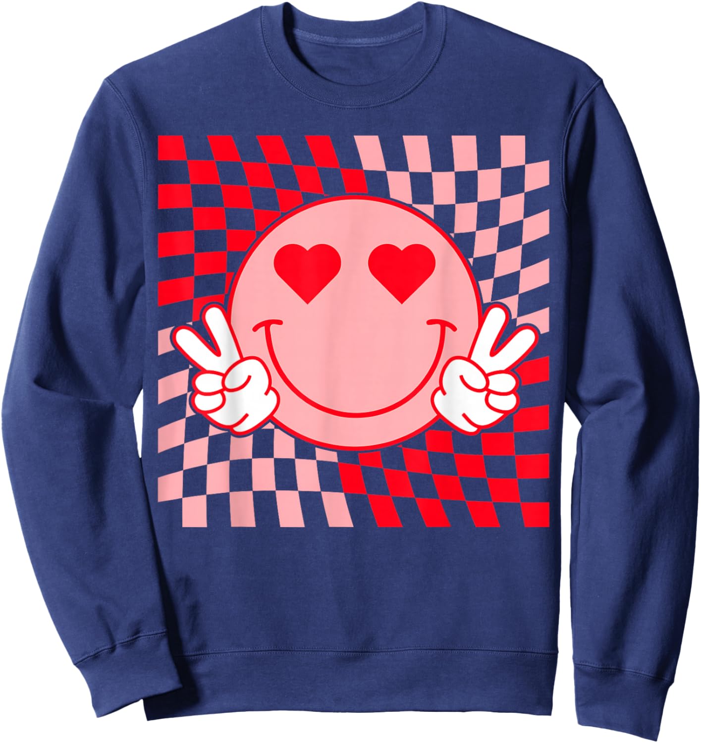 Retro Checkered Smile Face Hearts Valentine Funny Trendy Sweatshirt - Sweatshirt | Navy
