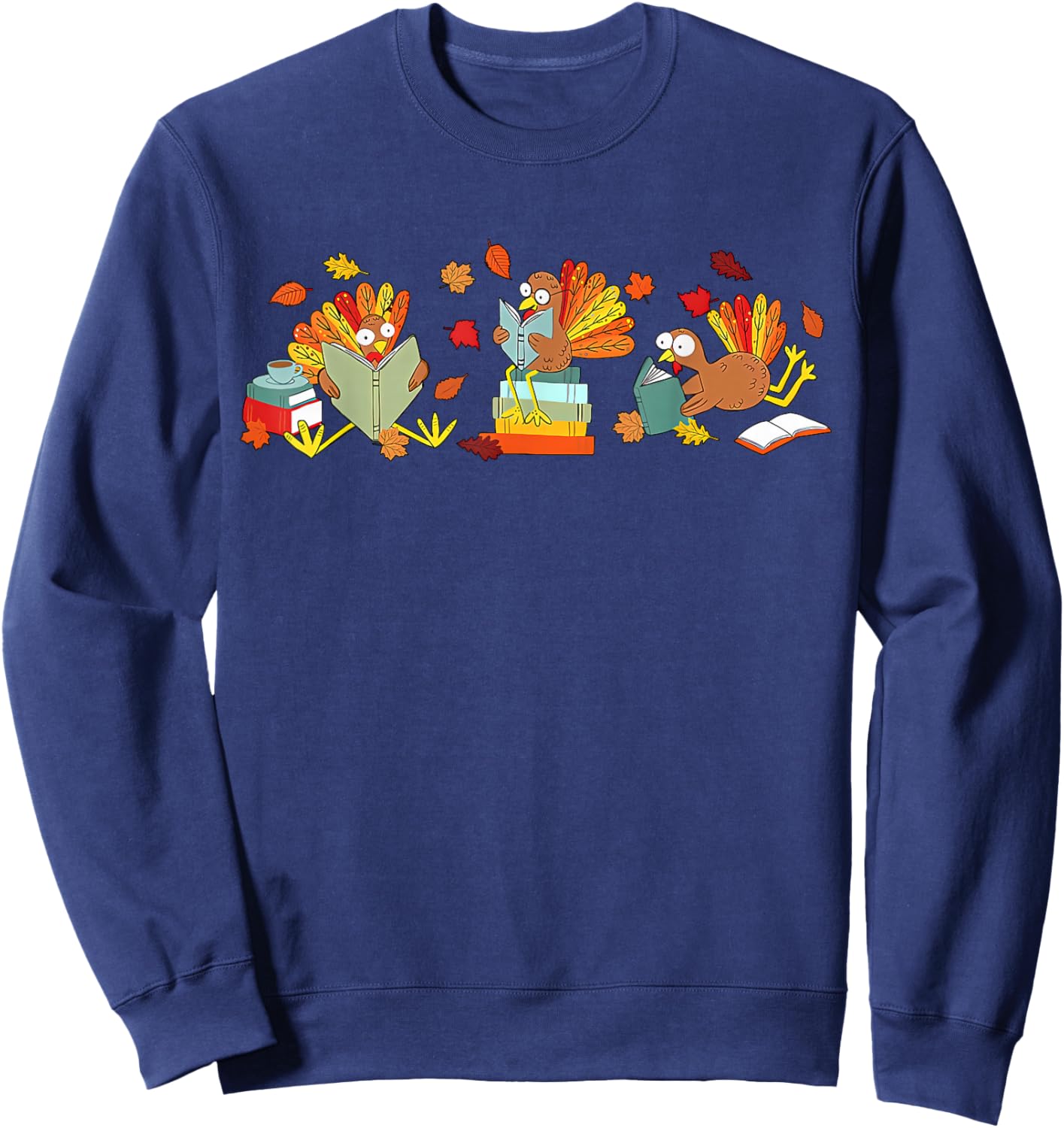Turkey Reading Books Fall Thanksgiving Teacher Book Lovers Sweatshirt - Sweatshirt | Navy