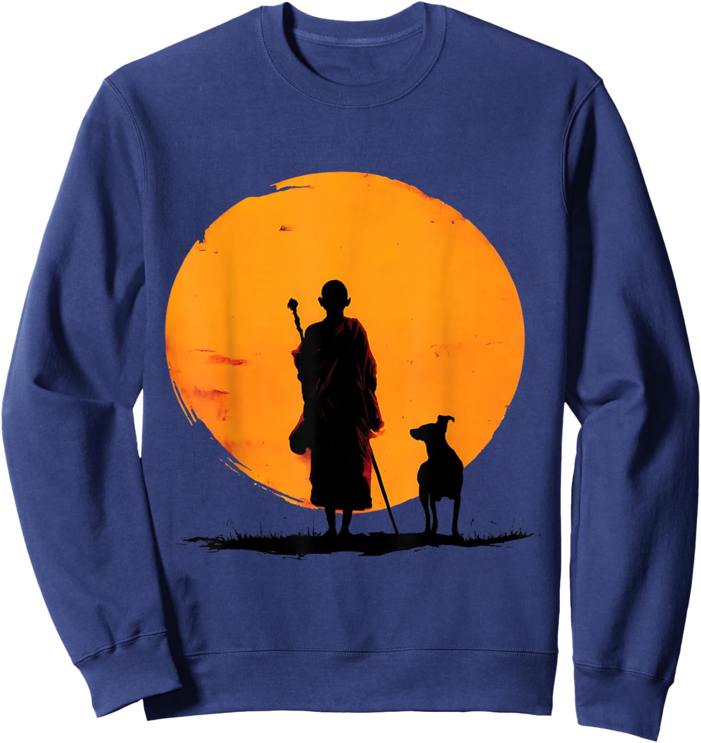 Retro Peace Walking Monks & Dog Minimalist Zen Art Graphic Sweatshirt - Sweatshirt | Navy