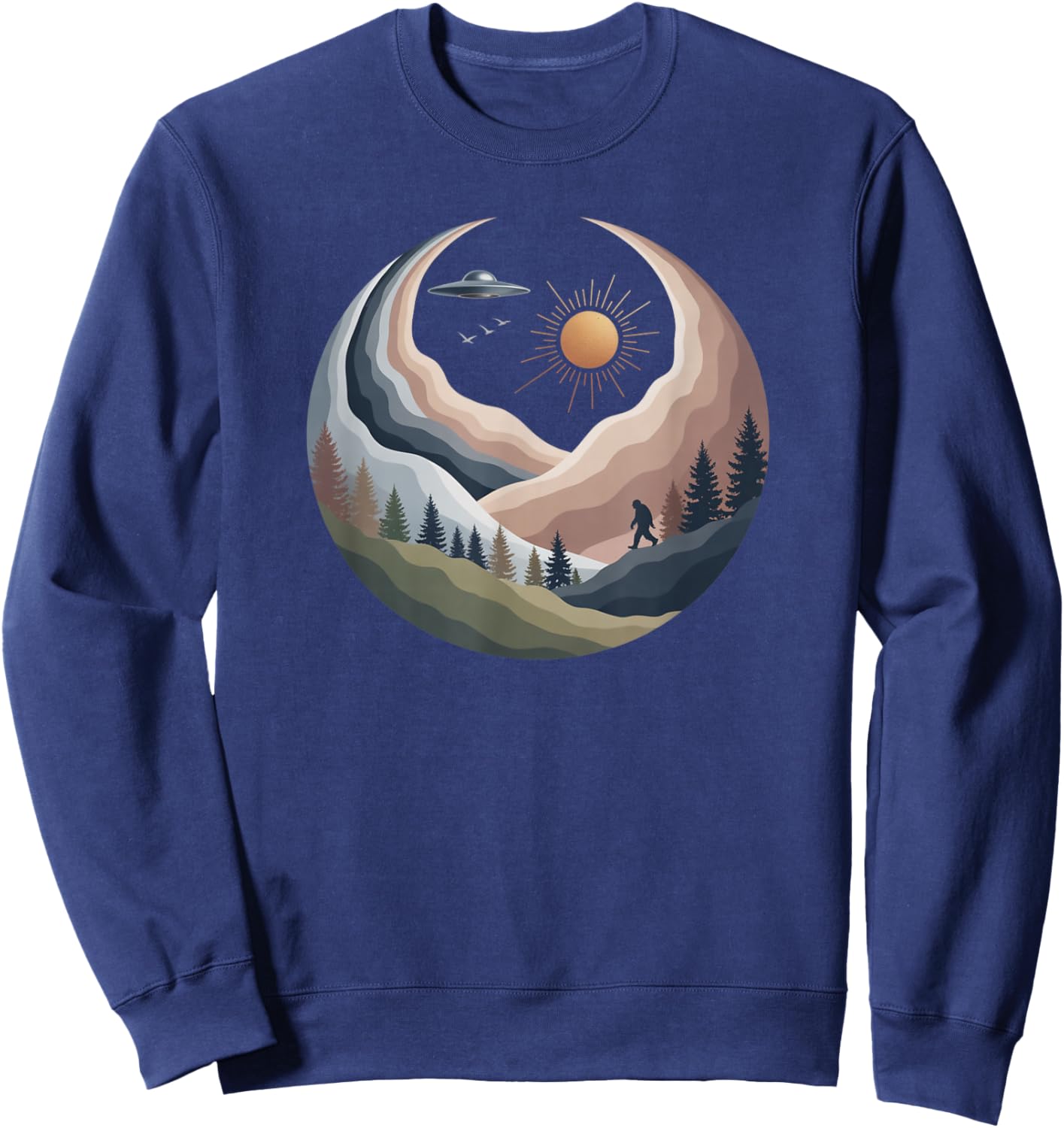 Bigfoot UFO Mountain Art Retro Nature Graphic Sweatshirt - Sweatshirt | Navy