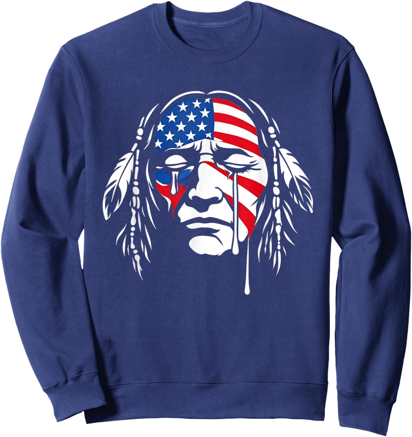 Crying Native American Indian Chief American USA Flag Sweatshirt - Sweatshirt | Navy