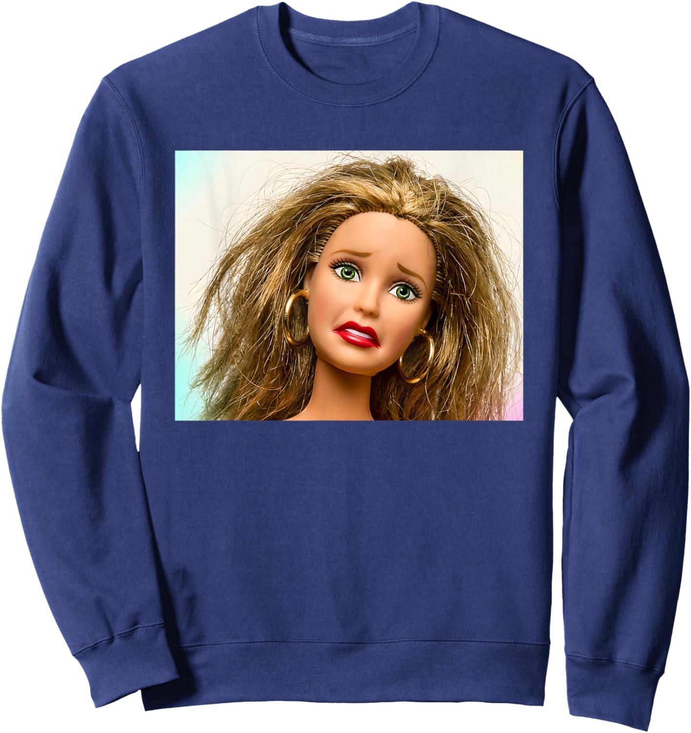 Retro Doll Face Meme Dolls Plastic Digusting Doll Face Meme Sweatshirt - Sweatshirt | Navy