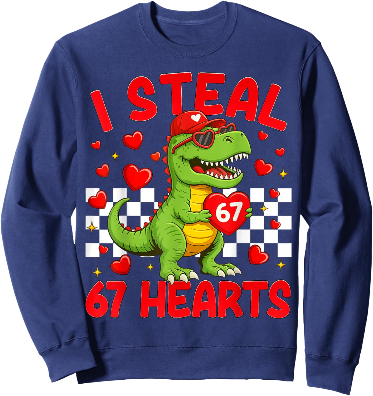 I Steal Hearts 67 Valentine’s Day 67 Dinosaur T-Rex Boys Kid Sweatshirt - Sweatshirt | Navy