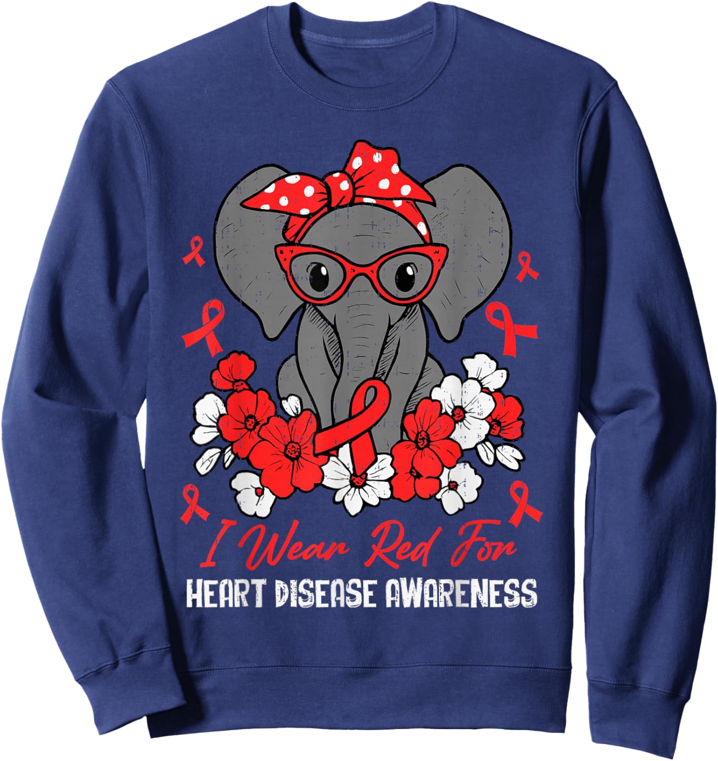 Heart Health Elephant Red Ribbon Heart Disease Awareness CHD Sweatshirt - Sweatshirt | Navy