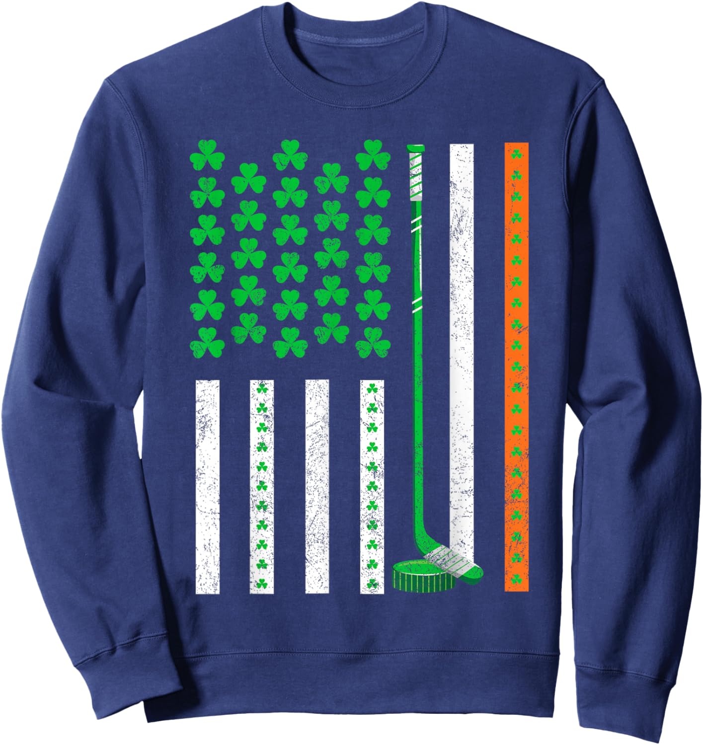 Vintage St Patrick's Day Shamrock Sport American Flag Hockey Sweatshirt - Sweatshirt | Navy