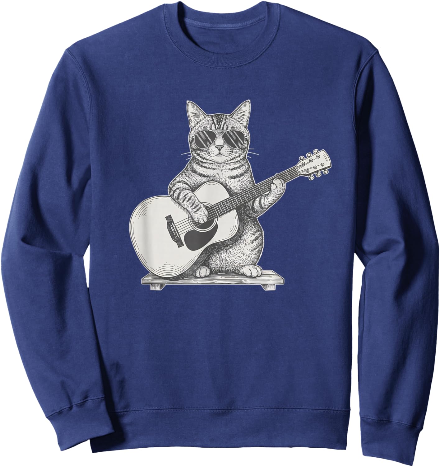 Tabby Cat Playing Acoustic Guitar Cool Sunglasses Musician Sweatshirt - Sweatshirt | Navy