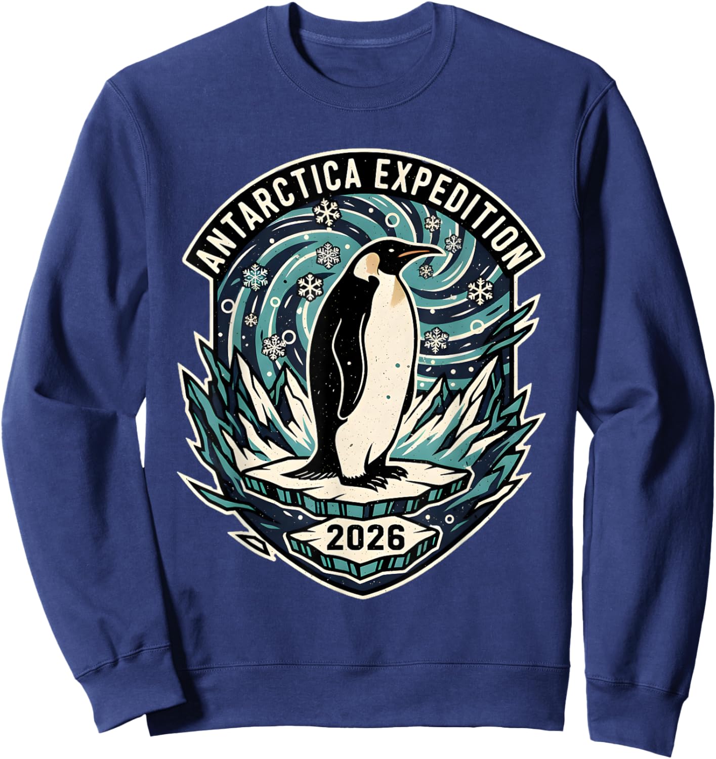 Antarctica Expedition 2026 Retro Souvenir Penguin Woodcut Sweatshirt - Sweatshirt | Navy