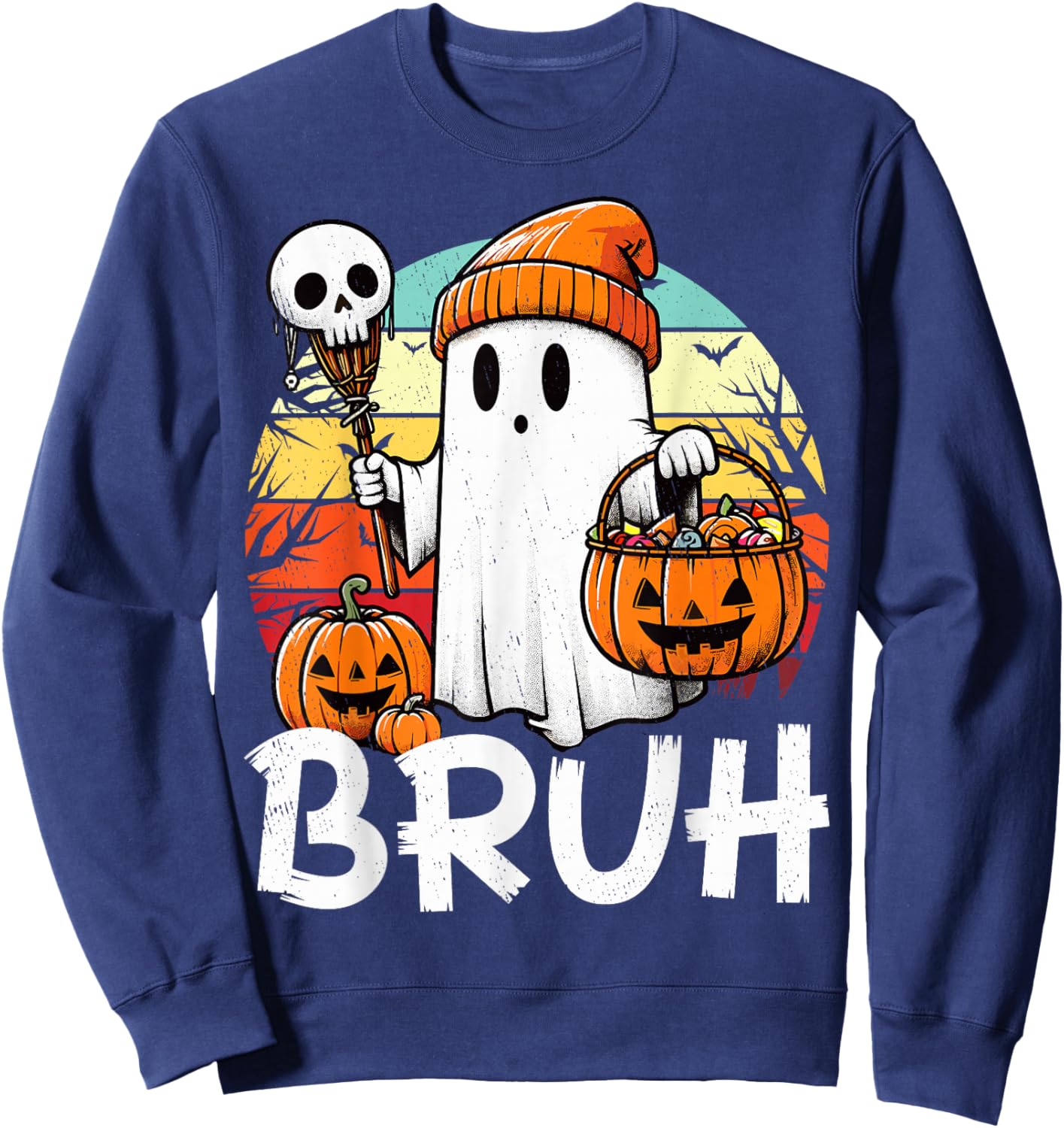 Bruh Ghost Funny Halloween Boo Spooky Halloween Bruh Ghost Sweatshirt - Sweatshirt | Navy