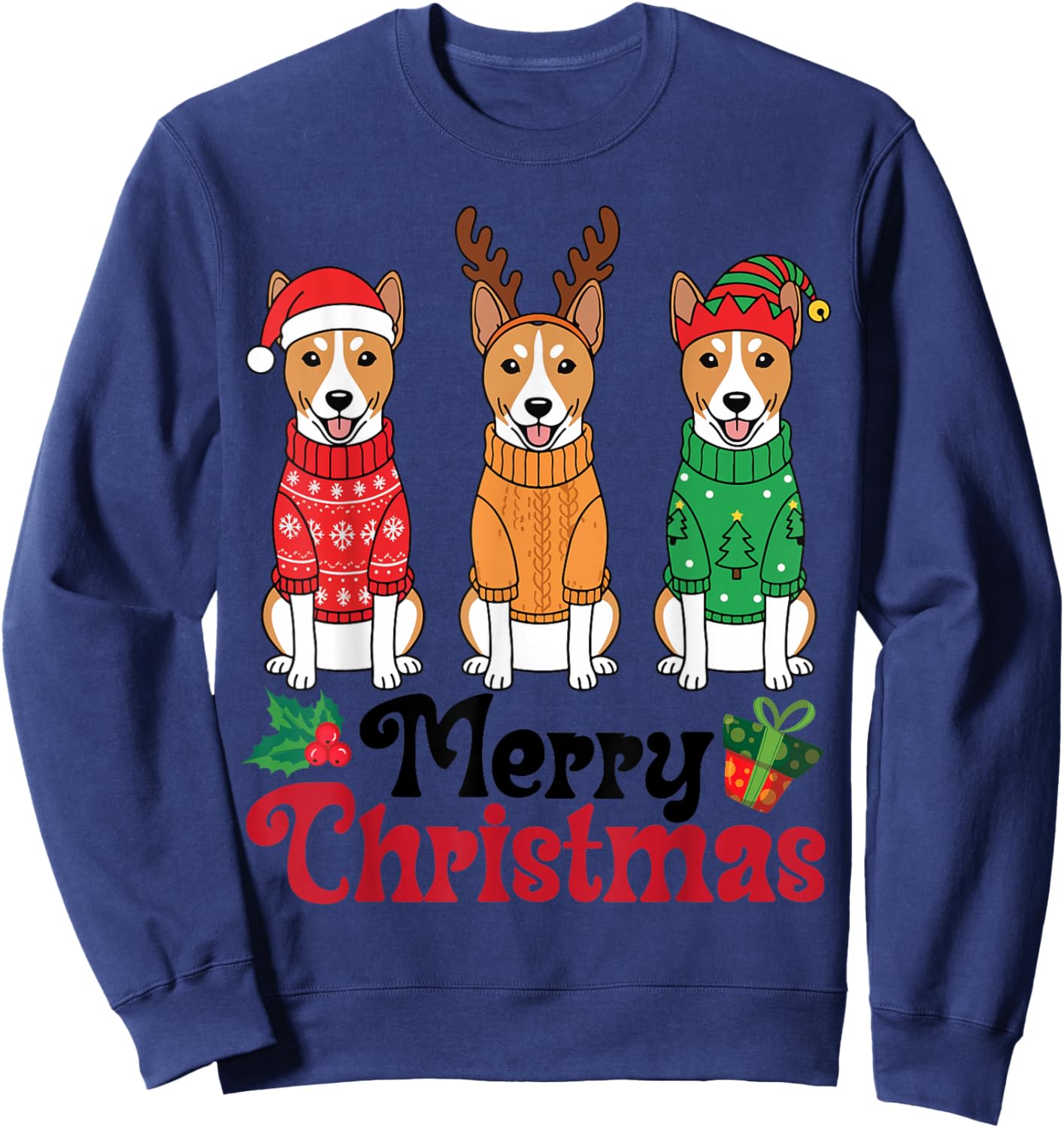 Basenji Dogs in Sweaters Santa Reindeer Elf Merry Christmas Sweatshirt - Sweatshirt | Navy