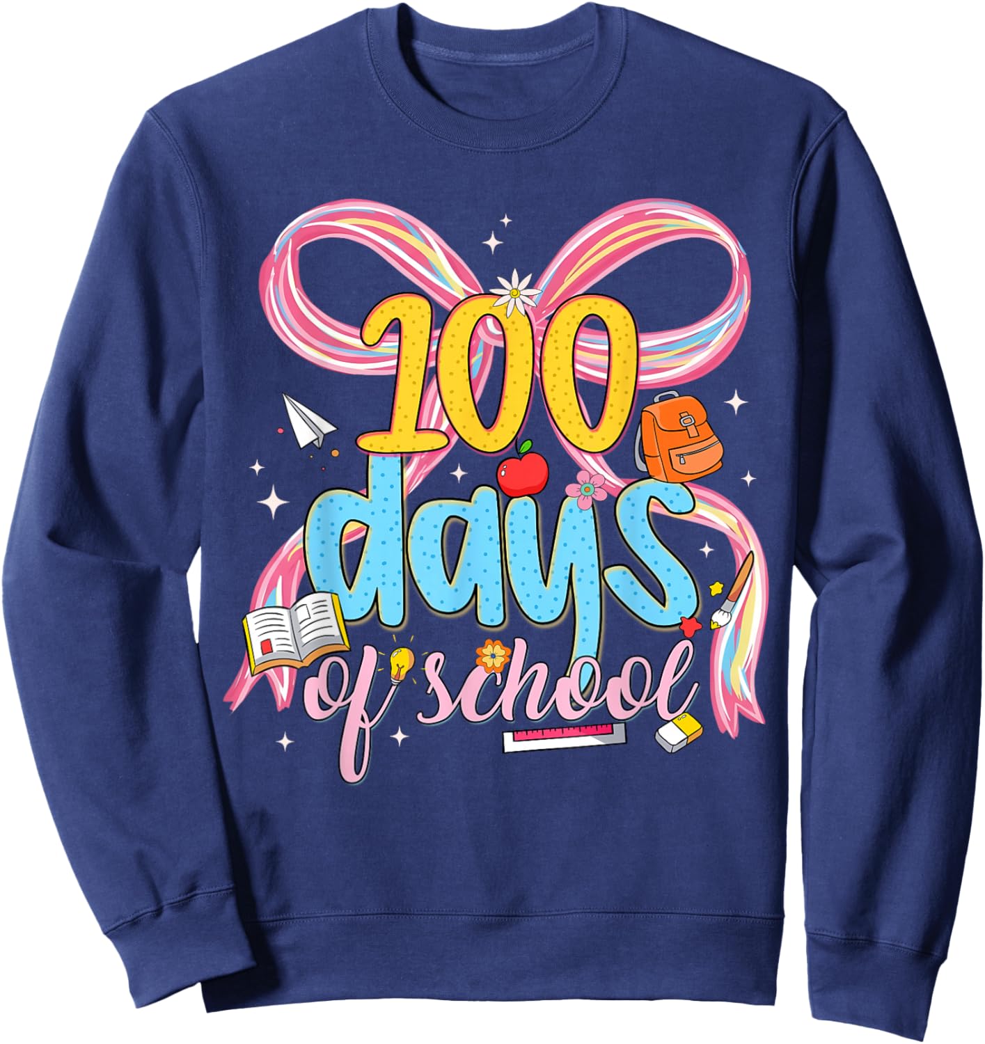 Happy 100 Days of School Cute Coquette Bow Girl Kid Teacher Sweatshirt - Sweatshirt | Navy