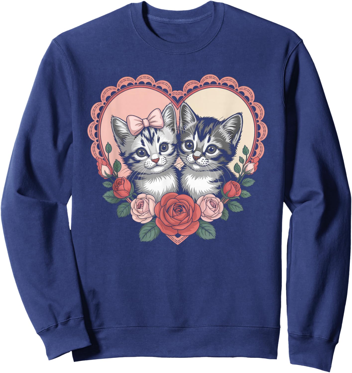Cute Kittens in Heart with Roses Romantic Cat Sweatshirt - Sweatshirt | Navy