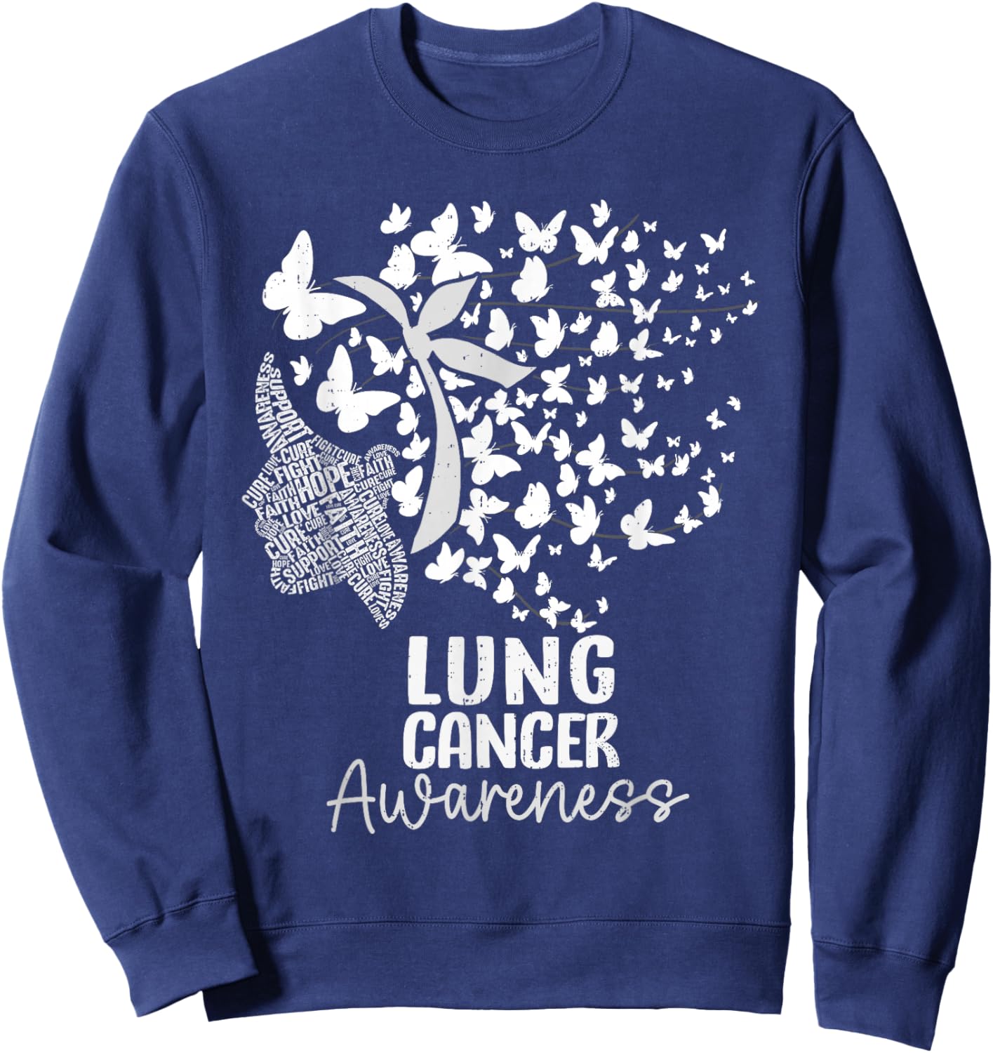 Lung Cancer Awareness Butterfly White Ribbon Support Sweatshirt - Sweatshirt | Navy
