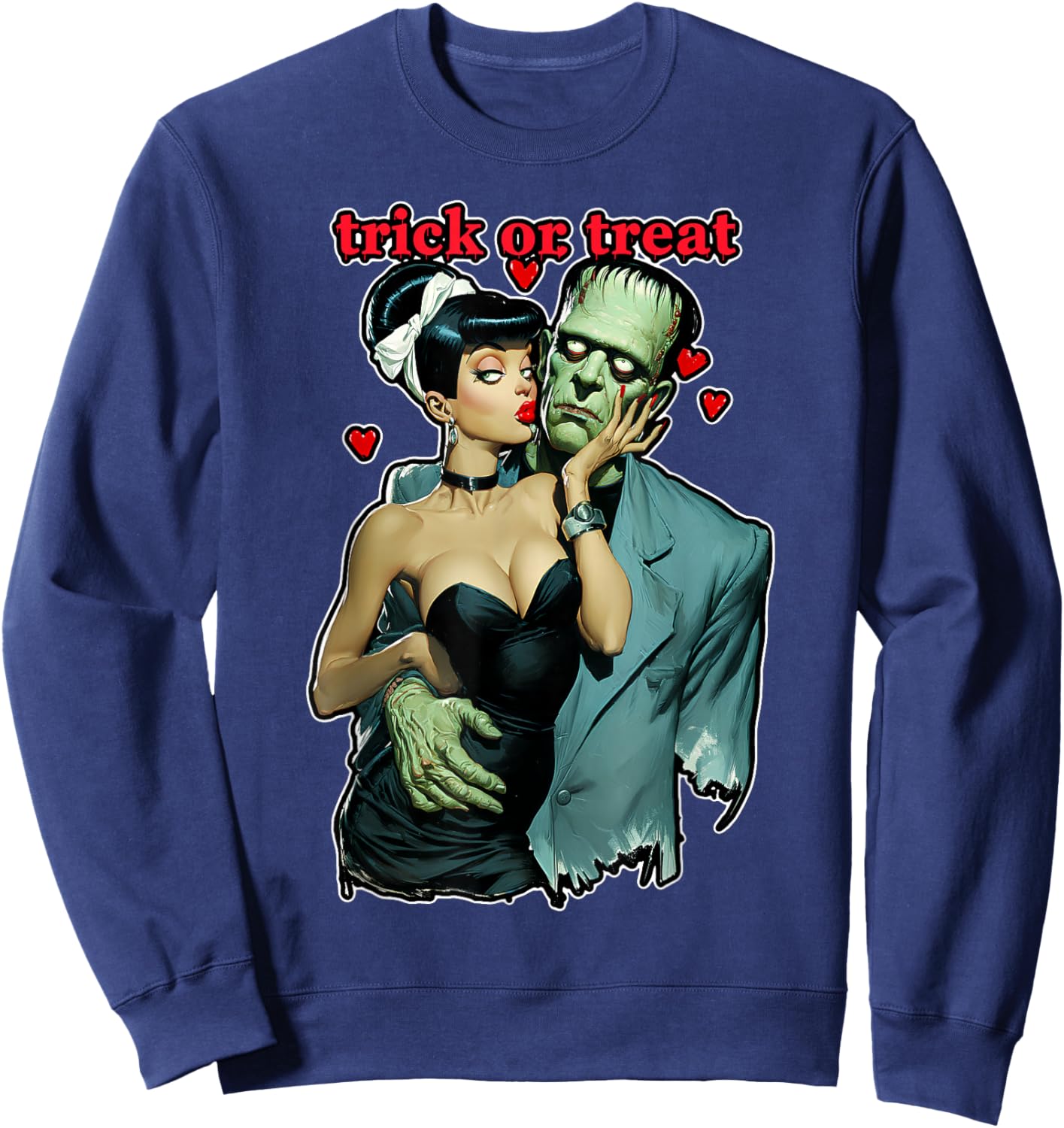 Halloween Romantic Frankenstein and Wife Love Heart Graphic Sweatshirt - Sweatshirt | Navy