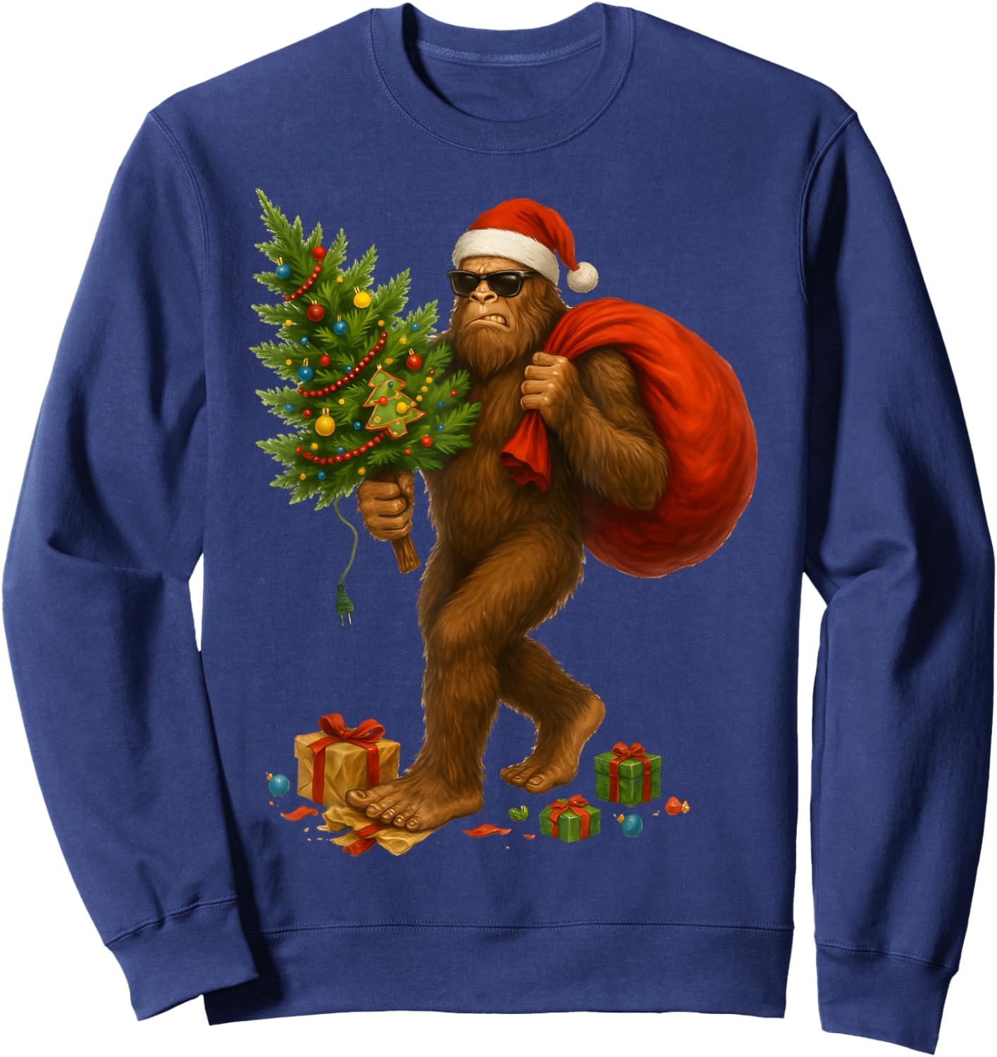 Angry Bigfoot Santa Christmas Tree Lights Xmas Men Sasquax Sweatshirt - Sweatshirt | Navy