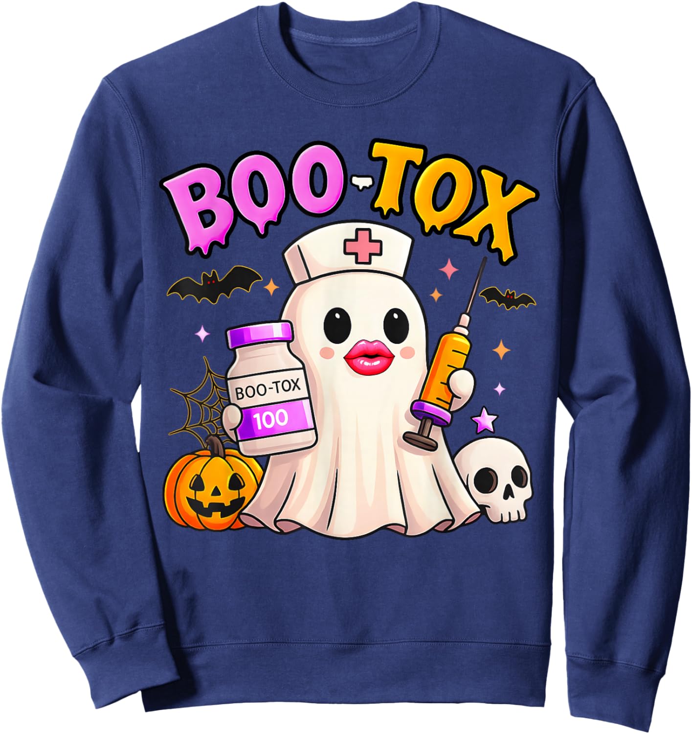 Funny Boo Tox Aesthetic Nurse Ghost Skull Pumpkin Halloween Sweatshirt - Sweatshirt | Navy
