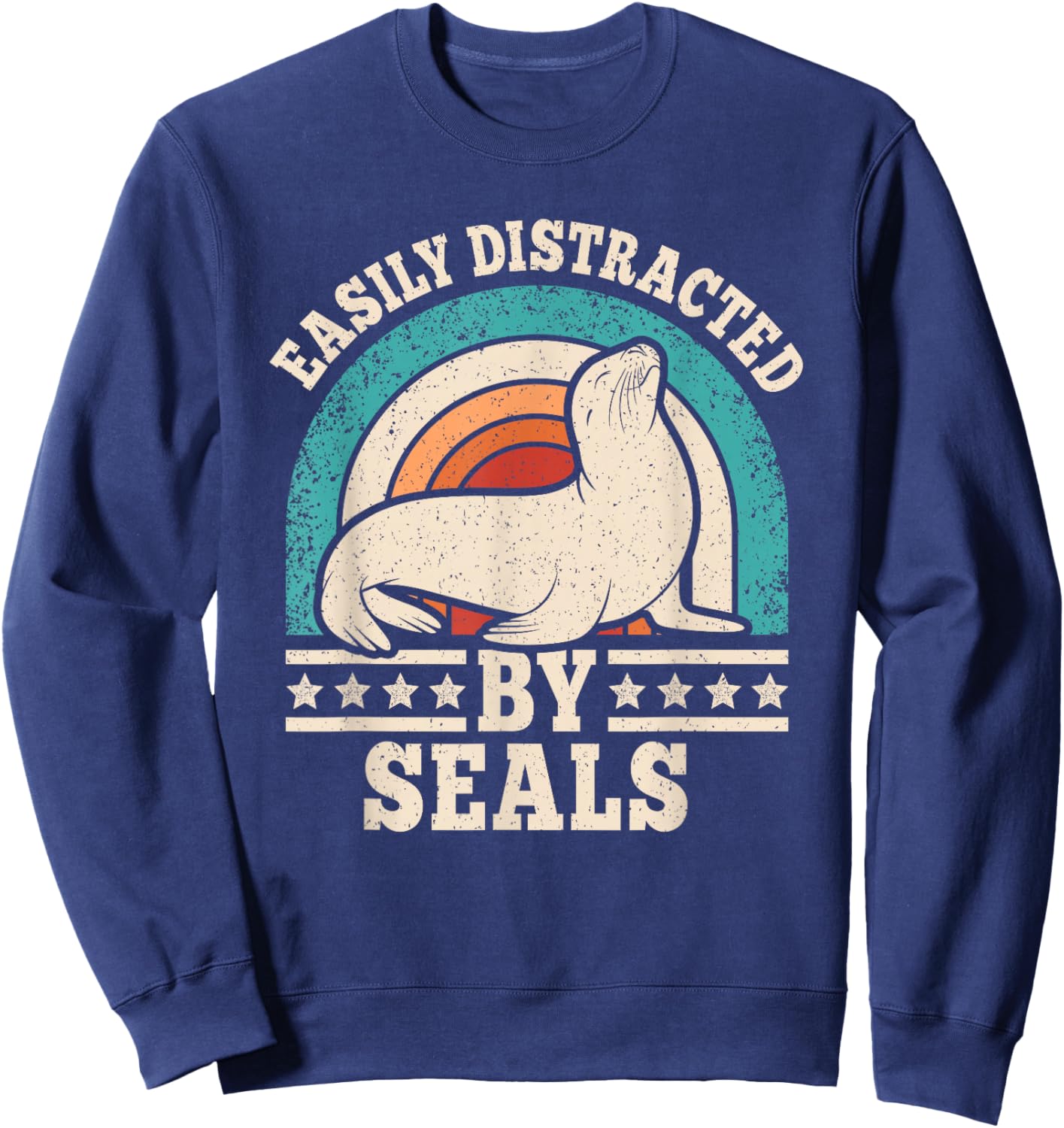 Easily Distracted by Seals Retro Seal Men Women Sweatshirt - Sweatshirt | Navy