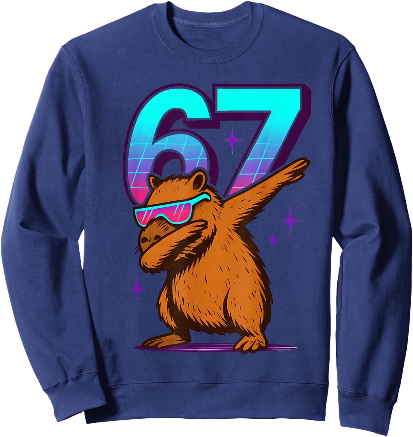 Neon Retro Dabbing Capybara 67 Meme Capy Lover Teens Kids Sweatshirt - Sweatshirt | Navy