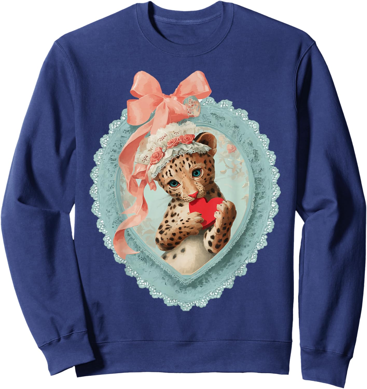 Cute Leopard Valentine with Heart Vintage Animal Coquette Sweatshirt - Sweatshirt | Navy