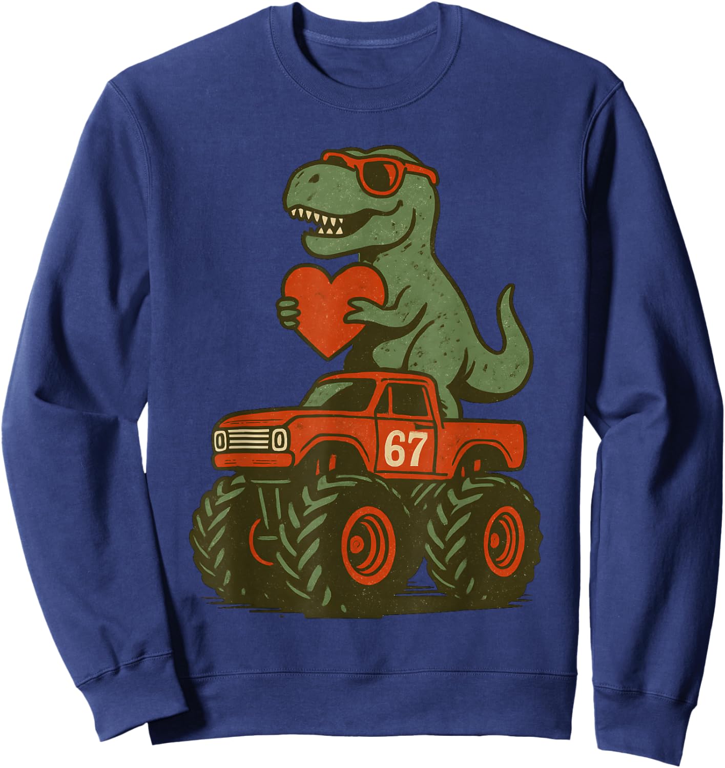 Valentines Day Trex 67 Meme Dinosaur 6 7 Dino Riding Truck Sweatshirt - Sweatshirt | Navy