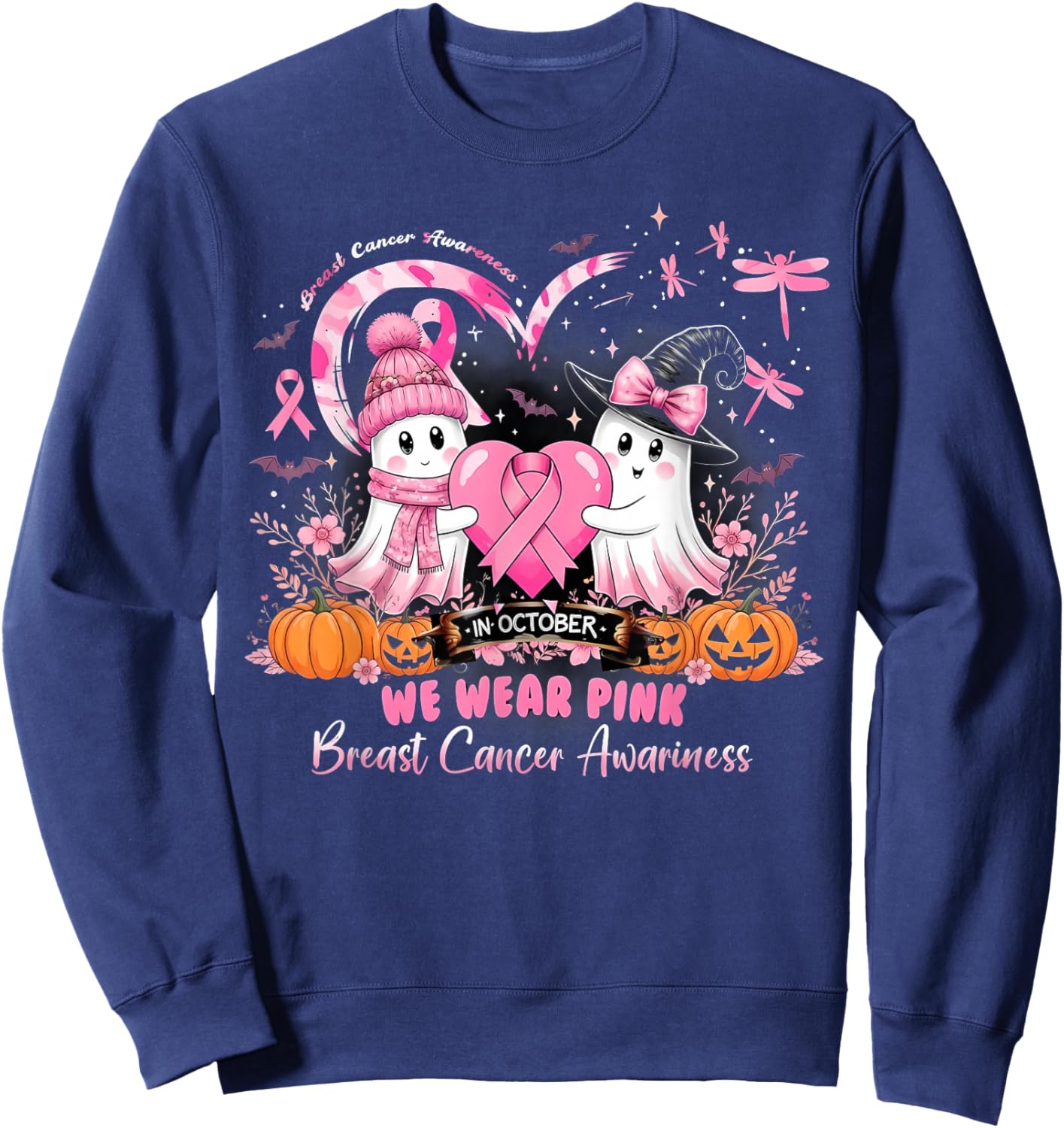 in October We Wear Pink Breast Cancer Dragonflies Awareness Sweatshirt - Sweatshirt | Navy