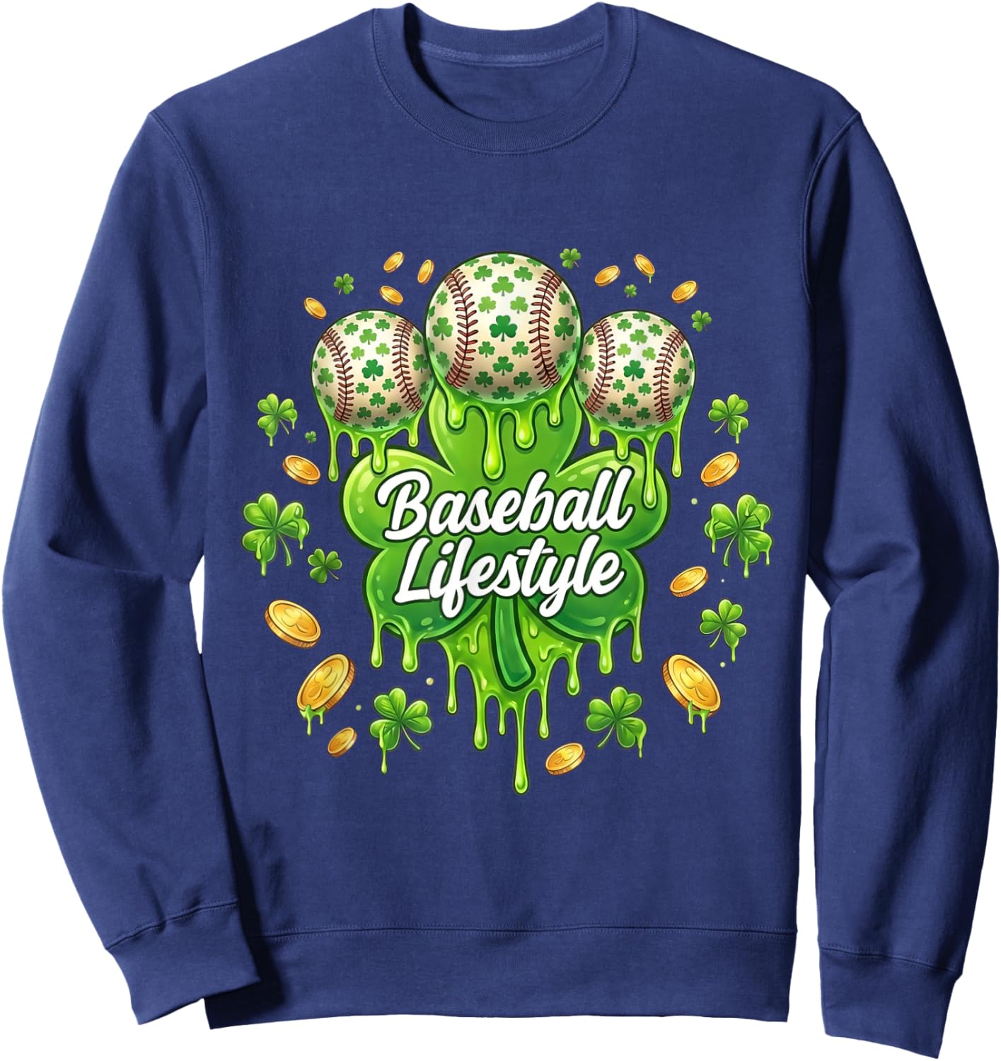 Baseball Lifestyle St Patricks Day Clover Irish Lucky Coins Sweatshirt - Sweatshirt | Navy