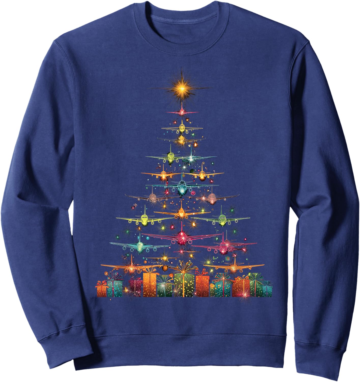 Funny Airplanes Christmas Tree Graphic Air Planes Sweatshirt - Sweatshirt | Navy