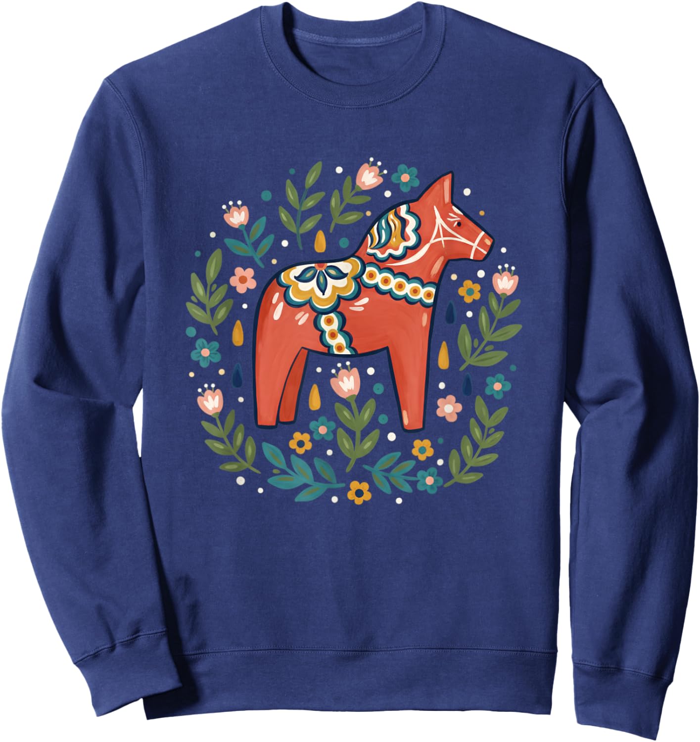 Dala Horse Folk Art Floral Farm Animals Horse Swedish Folk Sweatshirt - Sweatshirt | Navy