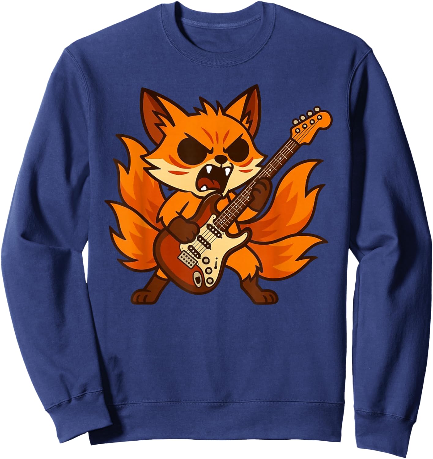 Kitsune Fox Nine-Tailed Rock N Roll Musician Concert Sweatshirt - Sweatshirt | Navy