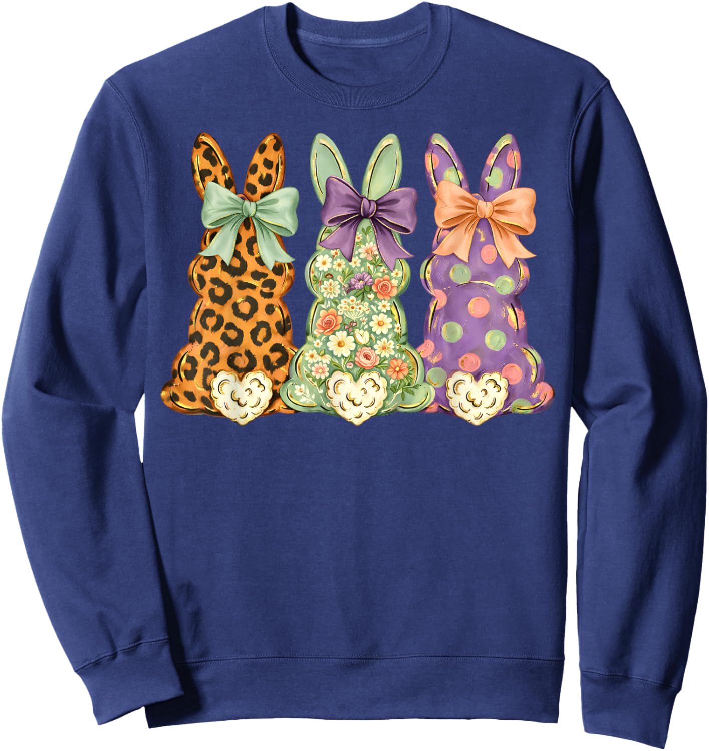 Happy Easter Patchwork Bunny Trio Bow Leopard Floral Dot Sweatshirt - Sweatshirt | Navy