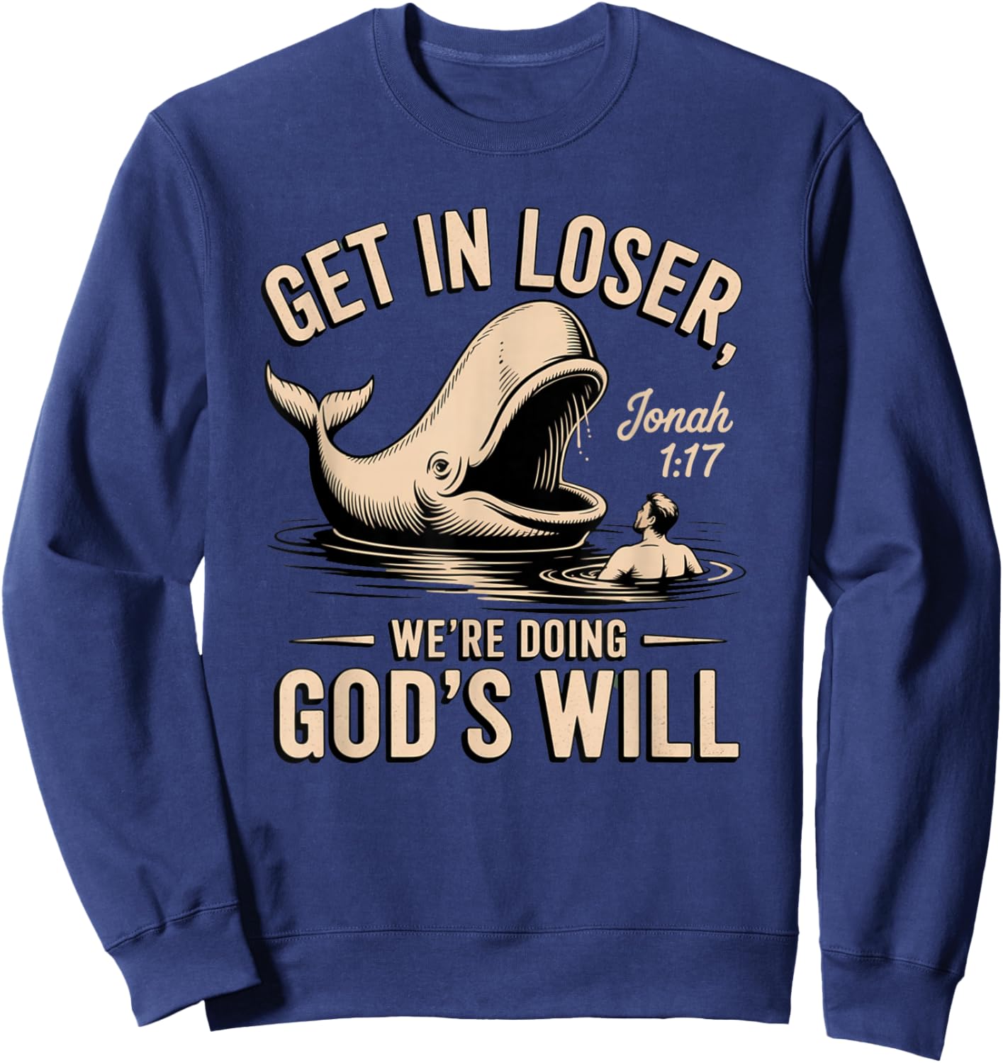 Jonah 1:17 Funny Whale Bible Verse Design Sweatshirt - Sweatshirt | Navy