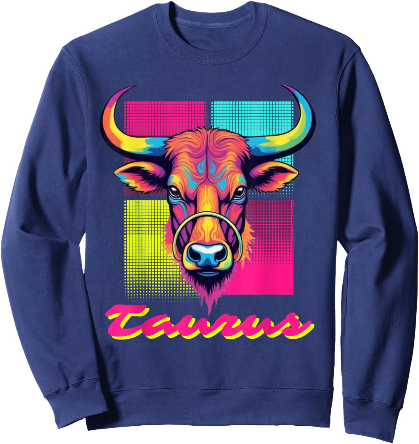 Taurus Bull Neon Retro 80s Vaporwave Zodiac Graphic, Taurus Sweatshirt - Sweatshirt | Navy