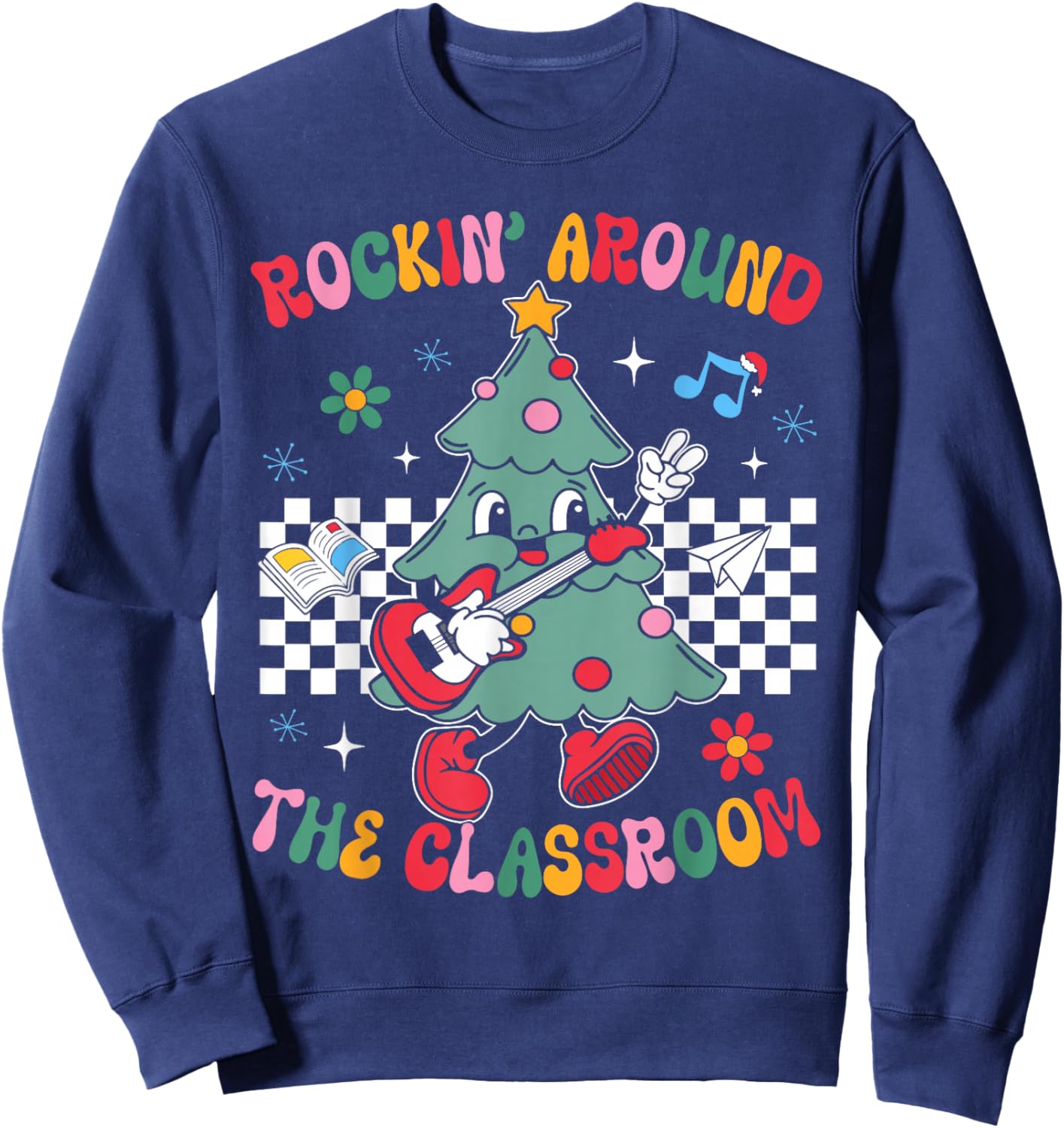 Retro Groovy Teacher Christmas Rockin' Around The Classroom Sweatshirt - Sweatshirt | Navy