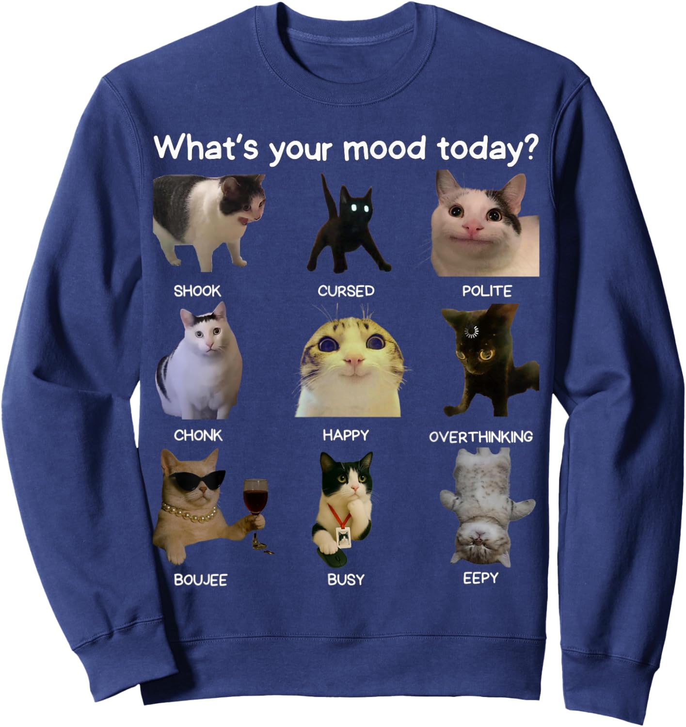 Funny Cat Meme Men Women What's Your Mood Today? Sweatshirt - Sweatshirt | Navy