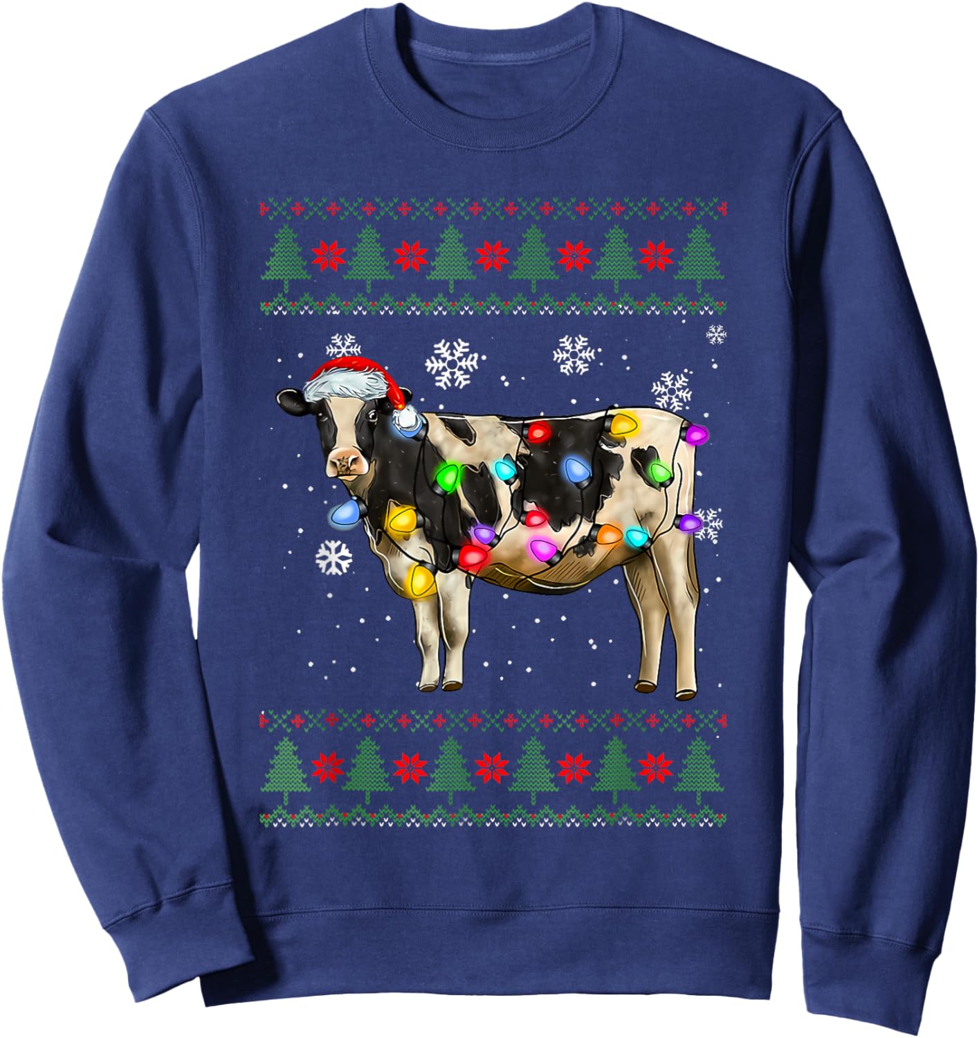 Cute Cow Santa Christmas Lights Ugly Xmas Sweater Light Up Sweatshirt - Sweatshirt | Navy