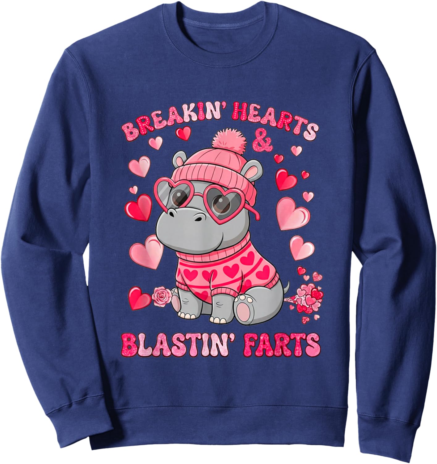 Funny Hippo Breaking Hearts Blasting Farts Valentines Day Sweatshirt - Sweatshirt | Navy