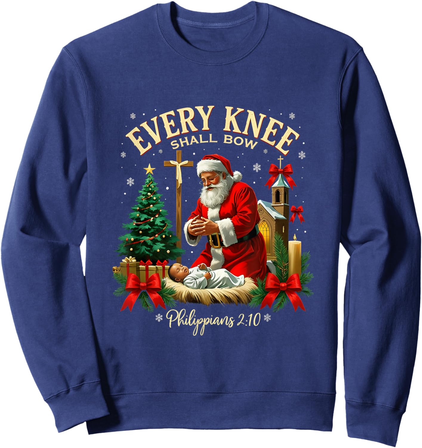 Santa Christmas Nativity Scene Xmas Every Knee Shall Bow Sweatshirt - Sweatshirt | Navy
